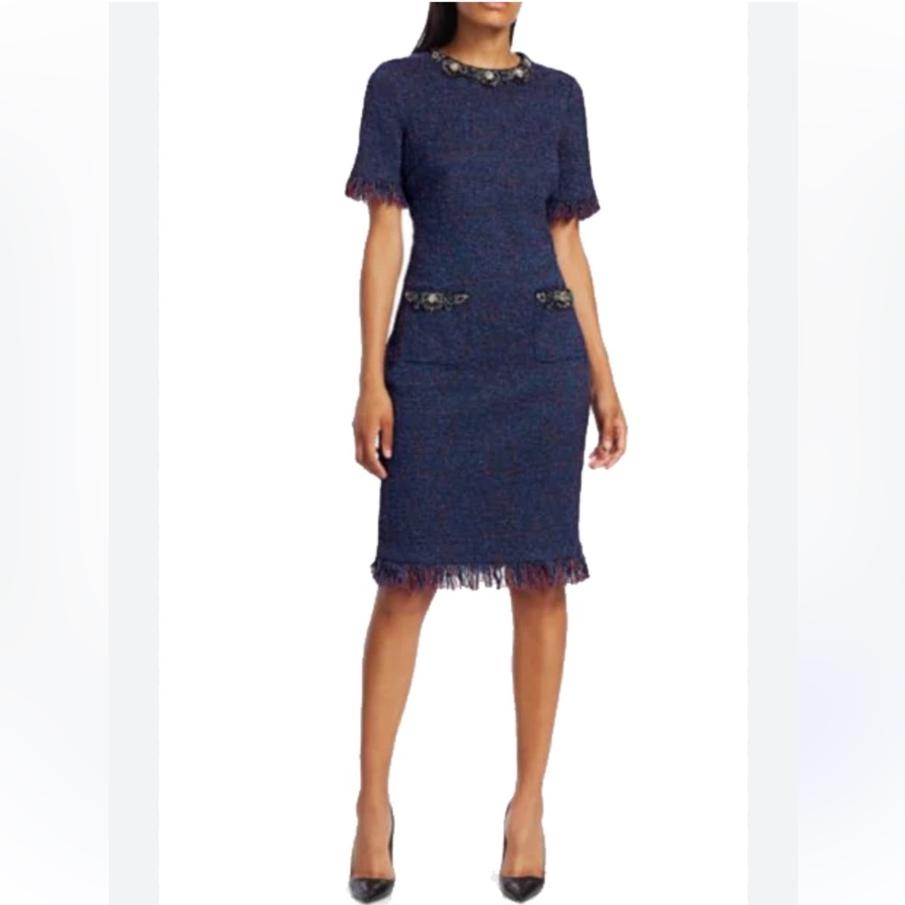 Teri Jon Rickie Freeman Embellished Tweed Sheath Navy Cocktail Dress Size 6